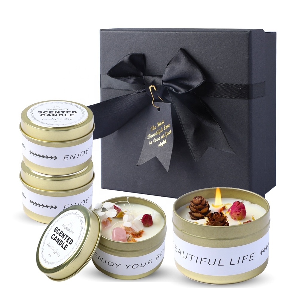 custom best selling  private label novelty home fragrance aromatherapy  gift set tin dried flowers luxury soy scented candles