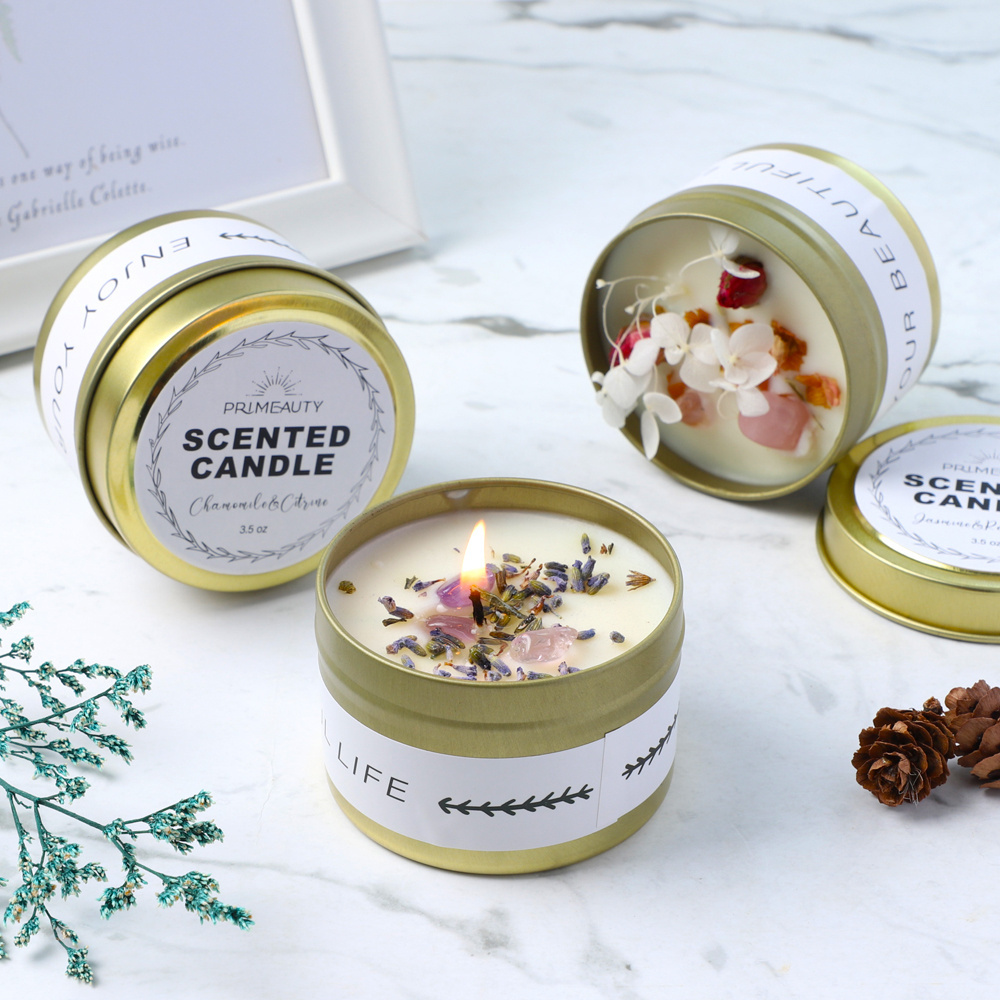 custom best selling  private label novelty home fragrance aromatherapy  gift set tin dried flowers luxury soy scented candles