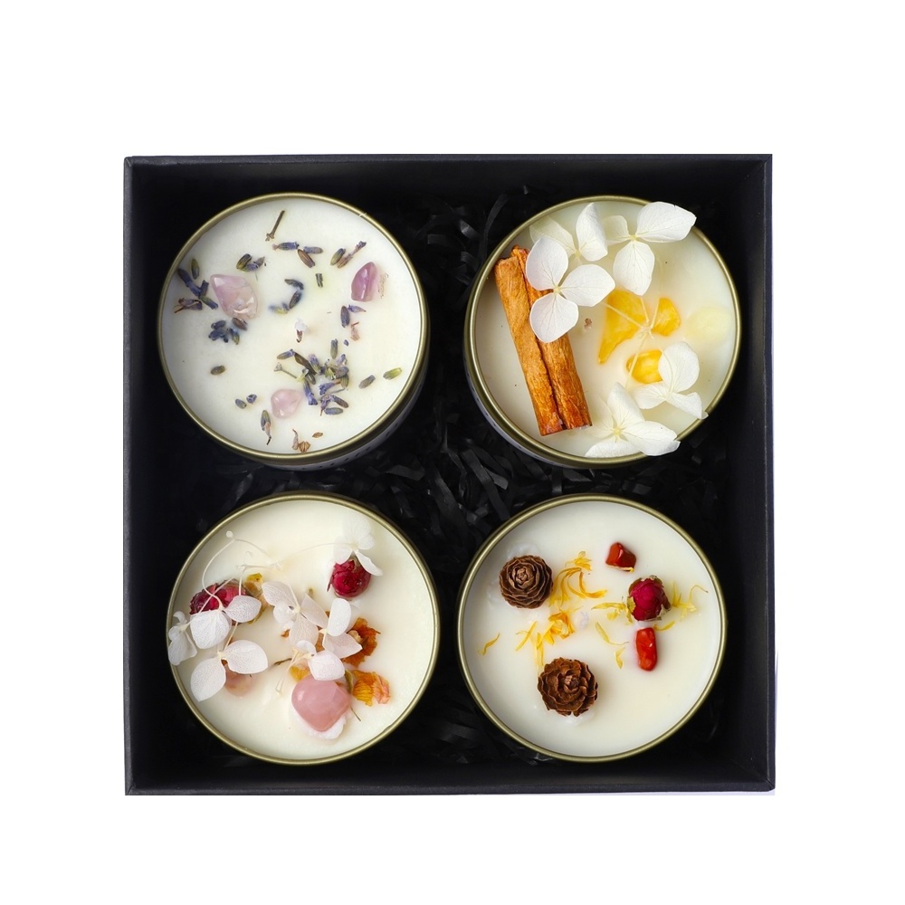 custom best selling  private label novelty home fragrance aromatherapy  gift set tin dried flowers luxury soy scented candles