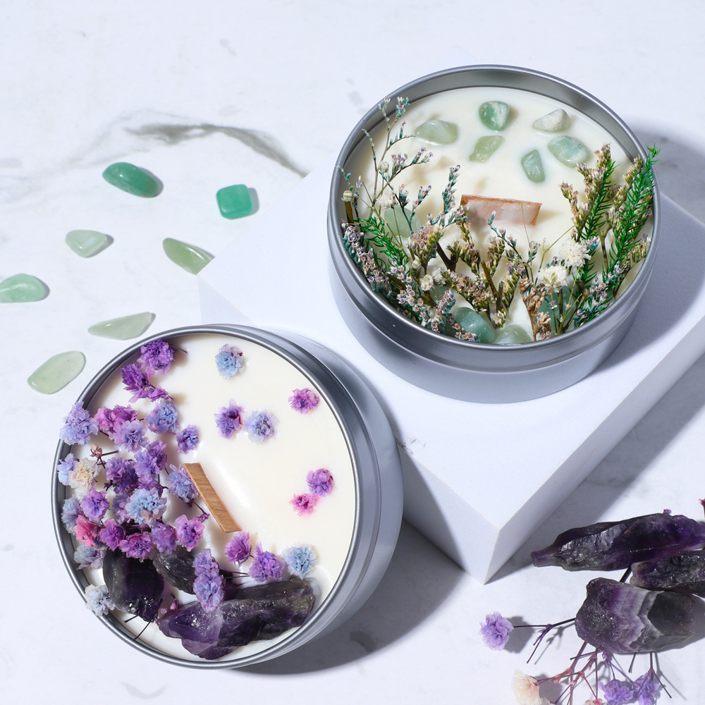 private label home fragrance eco friendly natural soy wax luxury aromatherapy novelty dry flowers healing crystal candles