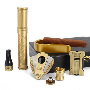 Golden Yellow Color Cigar Gift Set 6 Pieces Lighter Tube Ashtray Scissors For Cigar Accessory