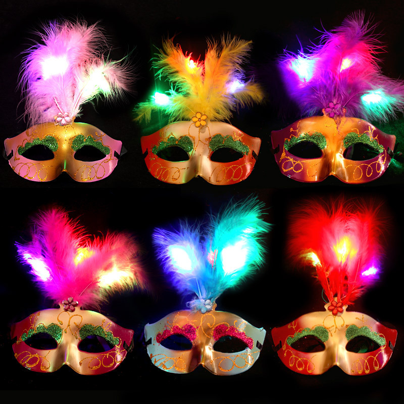 Party Led Mask With Feather For Wedding Props Gold Shinny Masquerade Masks Promotion Costume Cosplay Item