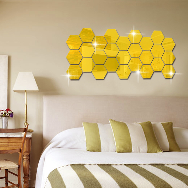 12Pcs Home Decor Art Ornaments Acrylic Self Adhesive Wallpaper 3D Hexagon Mirror Background Wall Decal Sticker Bedroom