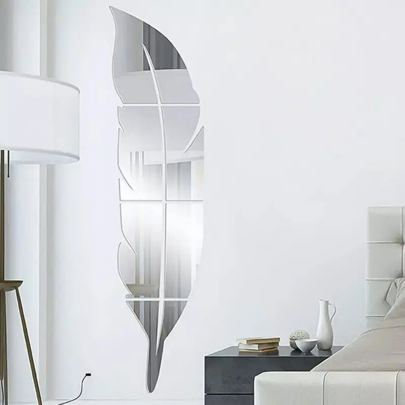 Factory Custom Acrylic 3D Plume Black Gold Silver Mirror Feather Wall Sticker For Bedroom Home Decoration