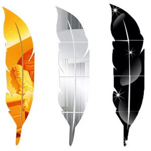 Factory Custom Acrylic 3D Plume Black Gold Silver Mirror Feather Wall Sticker For Bedroom Home Decoration