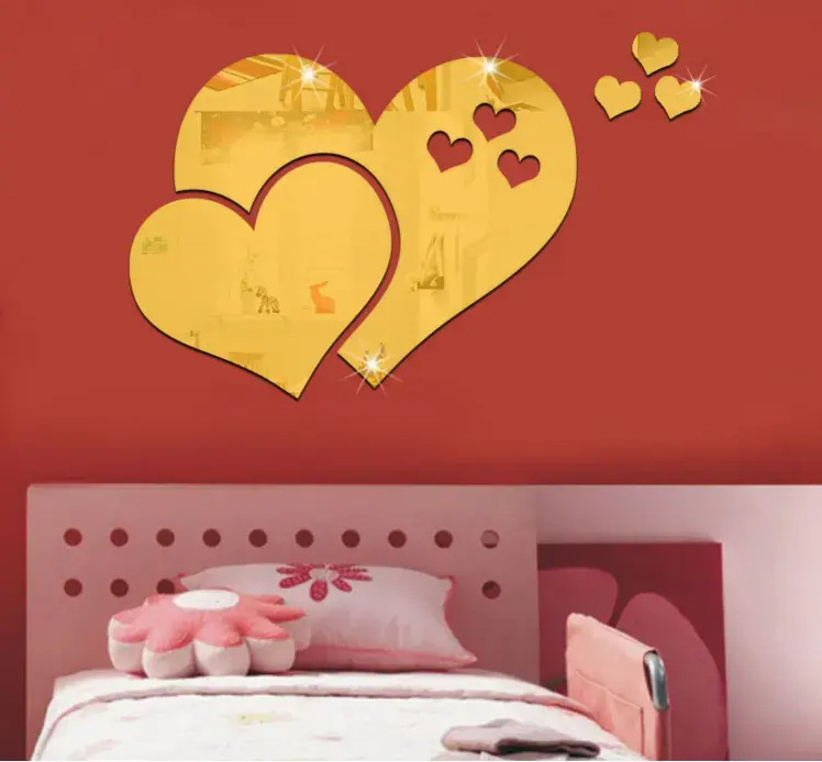 Custom Logo Girls Bed Living Dinning Beauty Room Decor Wall Decoration Sticker Golden Silver Heart Compact Mirror