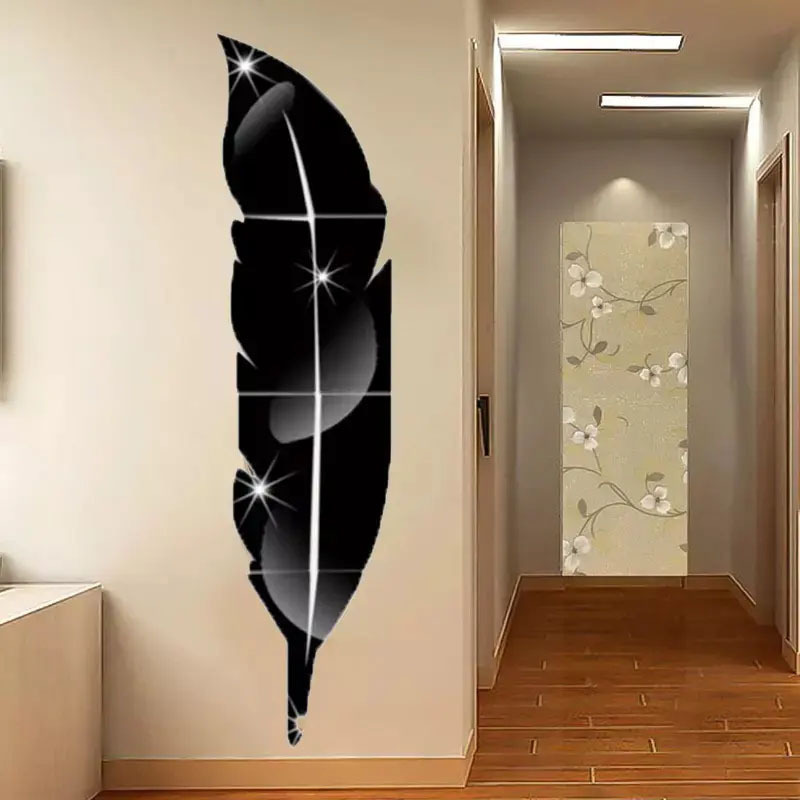 Factory Custom Acrylic 3D Plume Black Gold Silver Mirror Feather Wall Sticker For Bedroom Home Decoration