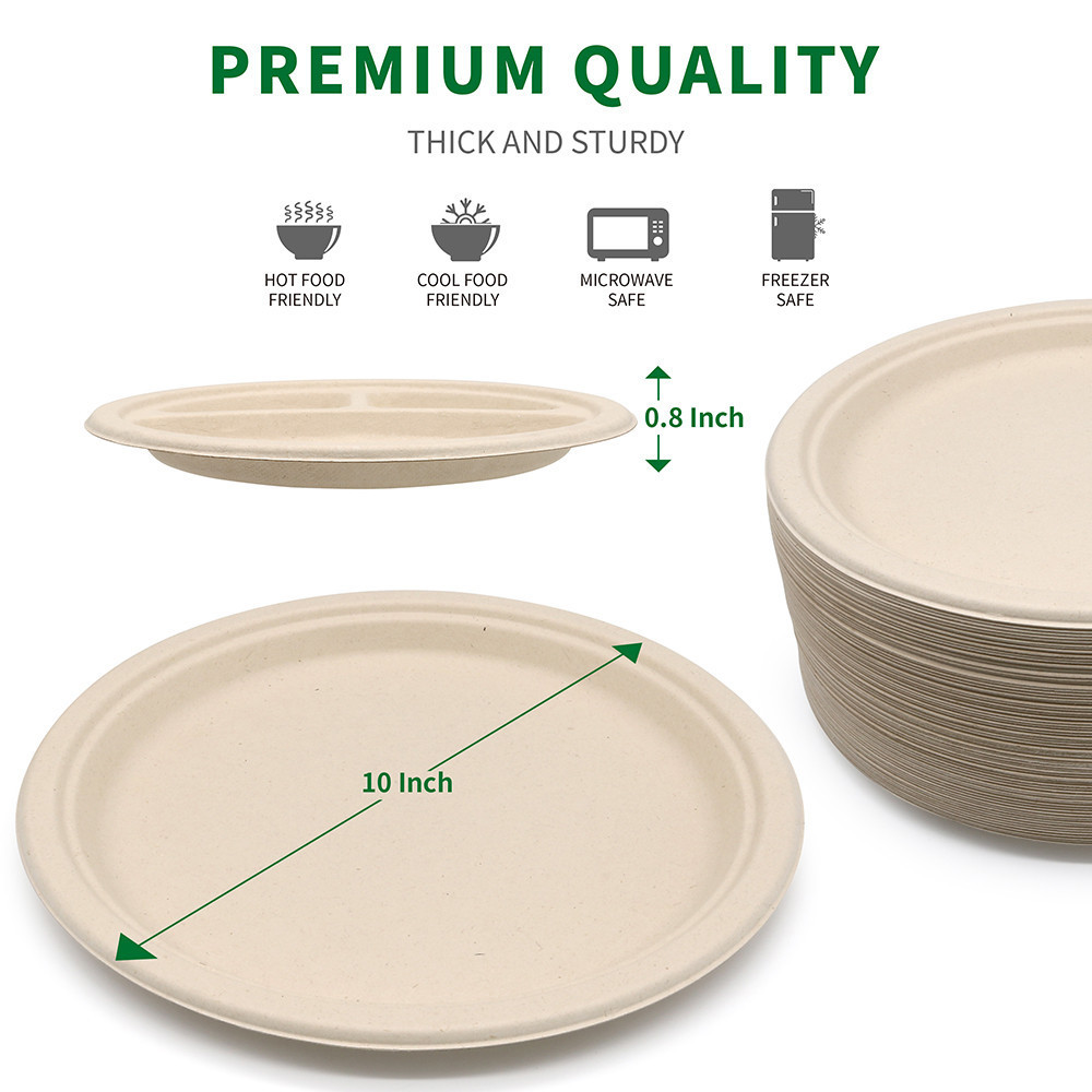 Customizable 10 Inches Greaseproof and Microwavable Eco Friendly Biodegradable Plate Bagasse Plate Disposable Paper Plates