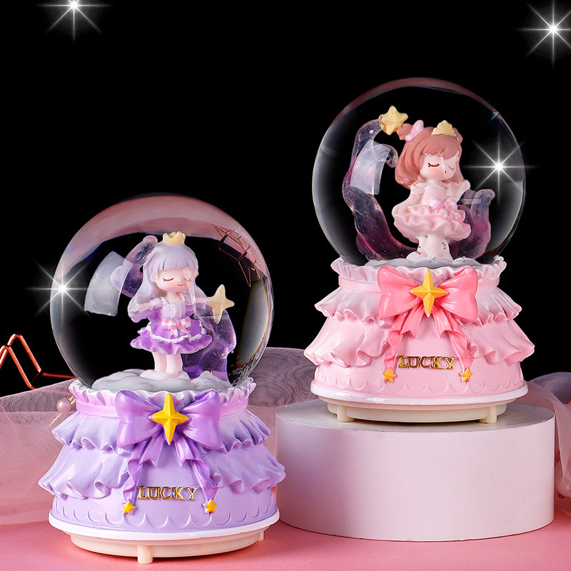 3d-light christmas  Sweet Time crystal ball rotating Cute Cartoon Powder Rabbit Music Box Creative Souvenir Snowball