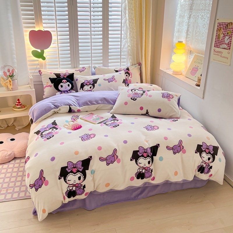 Kulomi Sanrio Cartoon milk velvet bed 4-piece winter thickened coral velvet 3-piece set