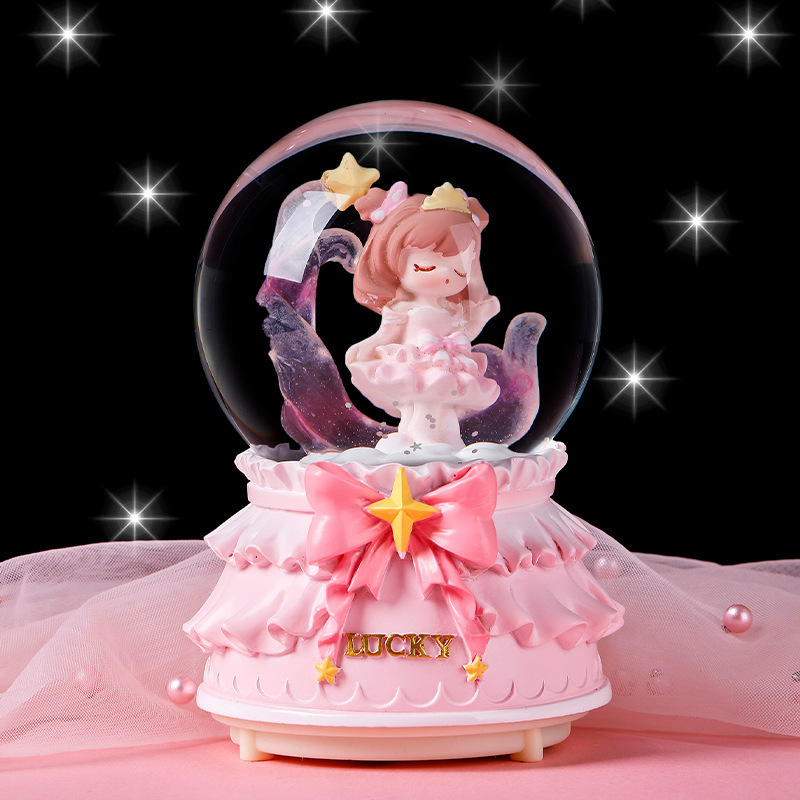 3d-light christmas  Sweet Time crystal ball rotating Cute Cartoon Powder Rabbit Music Box Creative Souvenir Snowball