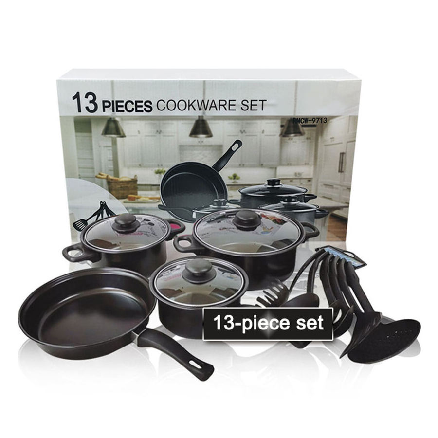 New Design Hotel Kitchen Metal Cast Iron Cookware Bulk Packing Non Stick Cooking Pot Cookware Set With Glass Lid