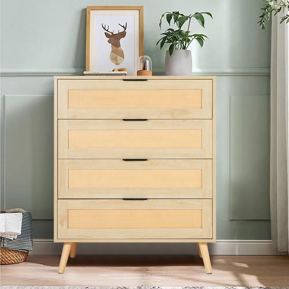 Log Color Rattan Chest of Drawers Large Capacity Rattan Dresser Mid Century 4-Drawer Bedside Table Cabinet