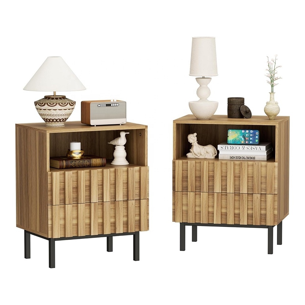 Mid Century Nightstand Set of 2 Accent Wooden Strip Design Bedside Table Modern 2 Drawers Bedroom End Table