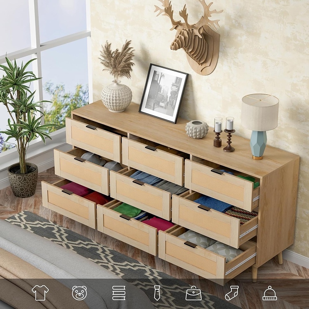 9 Drawer Rattan Dresser Cabinets Chest Of Drawers Modern Rattan Closet Dresser For Bedroom