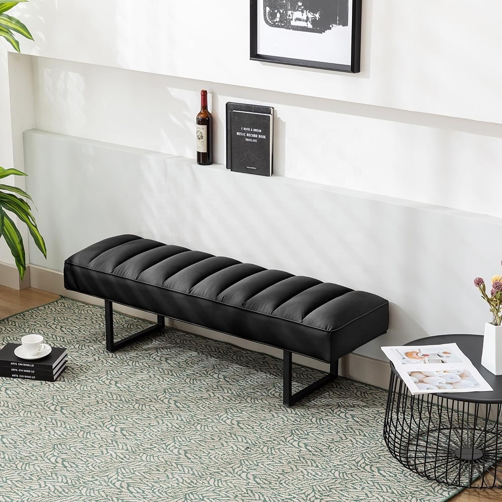 Black Waiting Room Bench Seat Conference Room Salon Shop Leather Bench 3 Seat Modern Entryway Bench