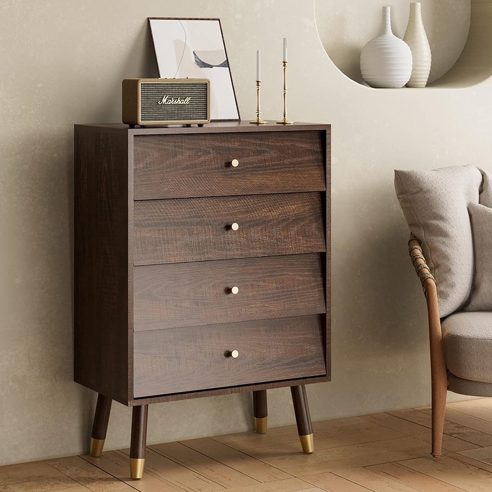 Walnut 4 Drawer Dresser For Bedroom Retro Style Chest Of Drawers Multipurpose Small Wooden Storage Cabinets