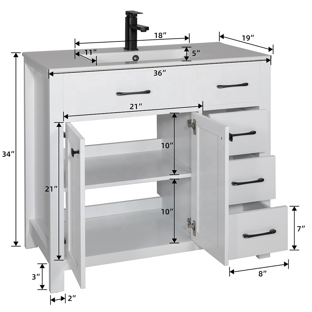 36'' Bathroom Wash Basin Cabinet Modern MDF Cabinets 2 Doors And 3 Drawers 36 Inch Vanity Bathroom Modern