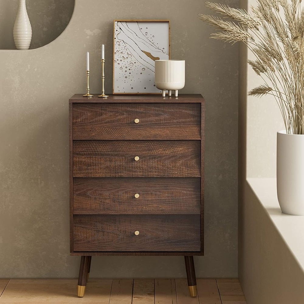 Walnut 4 Drawer Dresser For Bedroom Retro Style Chest Of Drawers Multipurpose Small Wooden Storage Cabinets