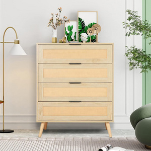 Log Color Rattan Chest of Drawers Large Capacity Rattan Dresser Mid Century 4-Drawer Bedside Table Cabinet