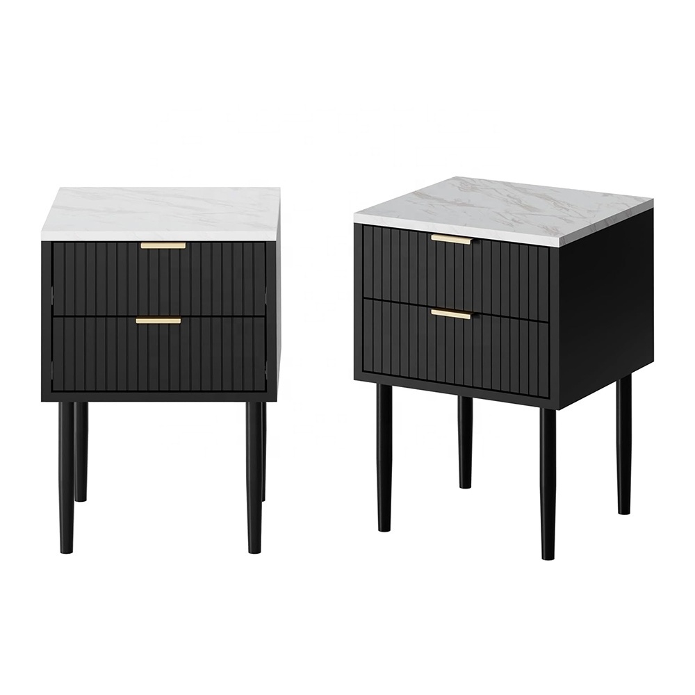 Black Marble Nightstands Set of 2 Striped Night Stand With Drawers Faux Marble Top End Side Table