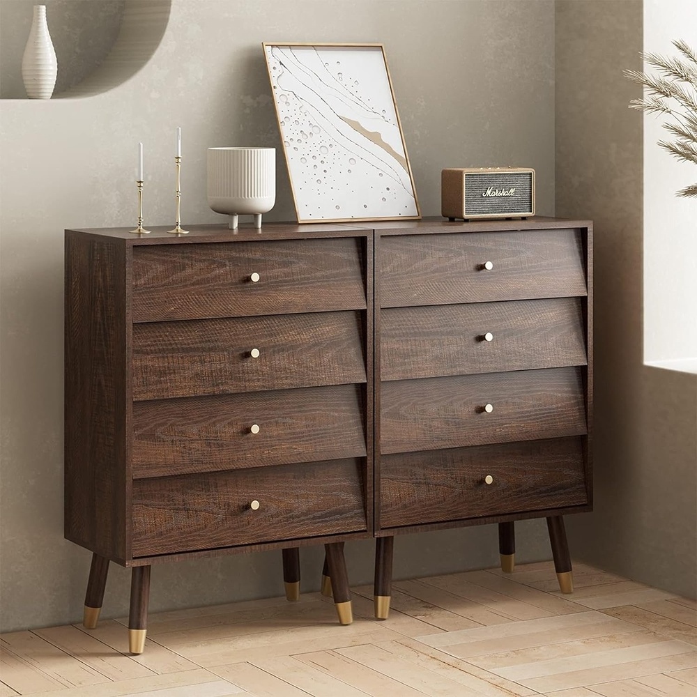 Walnut 4 Drawer Dresser For Bedroom Retro Style Chest Of Drawers Multipurpose Small Wooden Storage Cabinets