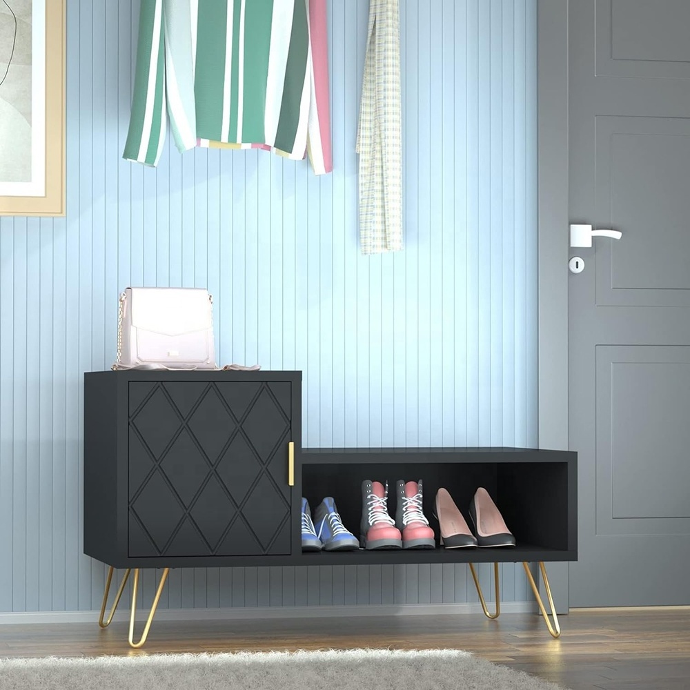 Black Shoe Storage Bench Modern Design Wood Shoe Cabinet Multi-Functional Hallway Entryway Bench