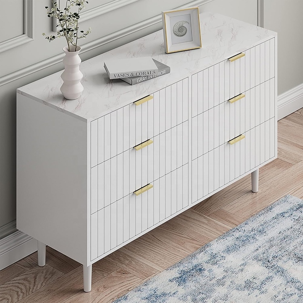 White Marble 6 Drawer Double Dresser Faux Marble Top Dual Chest Of Drawers Gold Handles Modern Dresser Cabinet