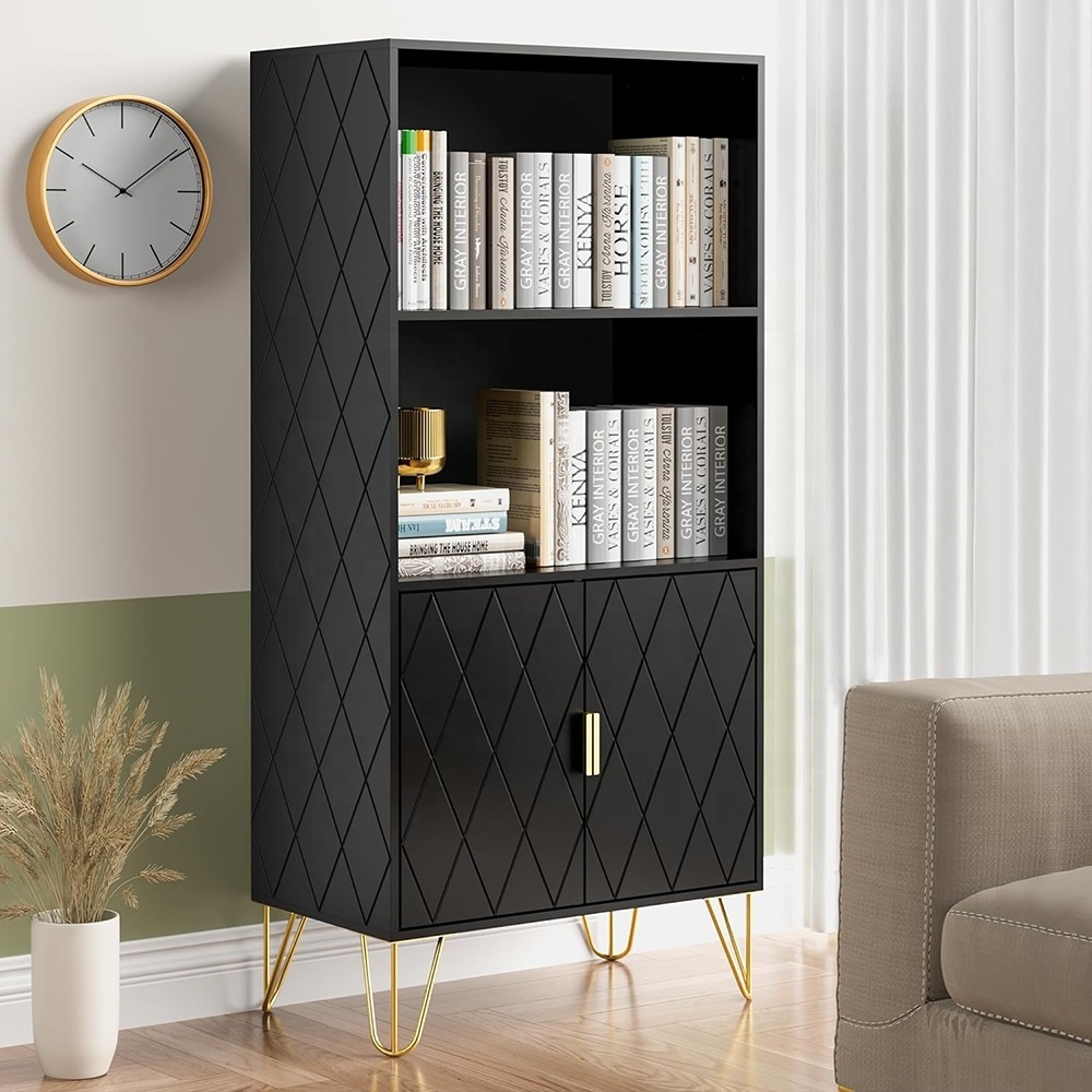 Black Open Shelf Bookcase With Doors Floor Standing Display Cabinet Rack Modern Wooden Bookshelf for Home