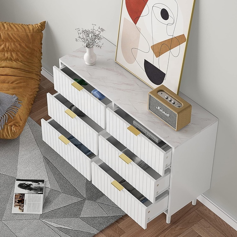 White Marble 6 Drawer Double Dresser Faux Marble Top Dual Chest Of Drawers Gold Handles Modern Dresser Cabinet