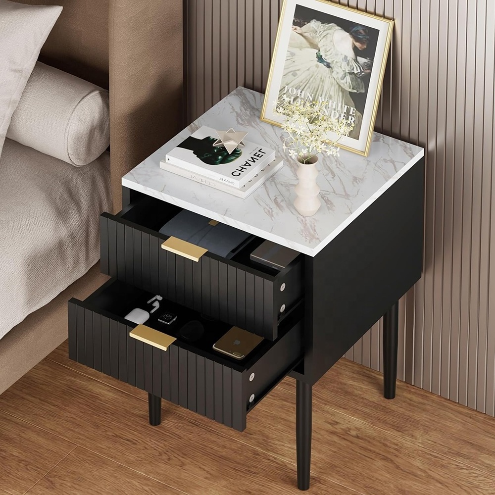 Black Marble Nightstands Set of 2 Striped Night Stand With Drawers Faux Marble Top End Side Table