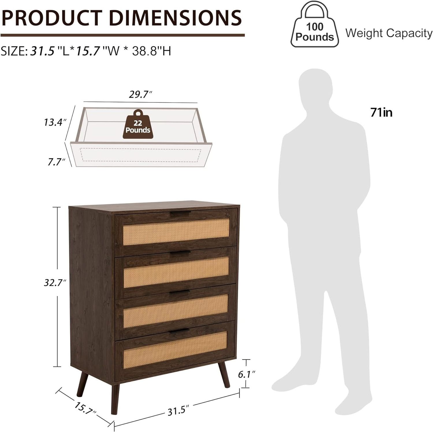 Brown Rattan Dresser For Bedroom Wide Chest of Drawers With 4 Drawers Storage Cabinet Living Room