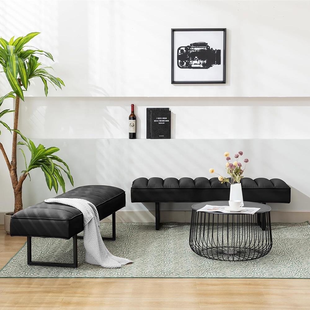 Black Waiting Room Bench Seat Conference Room Salon Shop Leather Bench 3 Seat Modern Entryway Bench