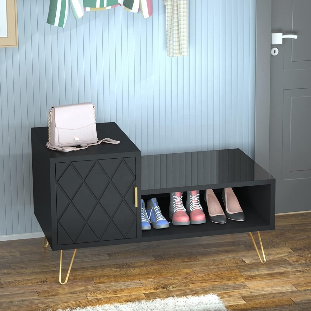 Black Shoe Storage Bench Modern Design Wood Shoe Cabinet Multi-Functional Hallway Entryway Bench