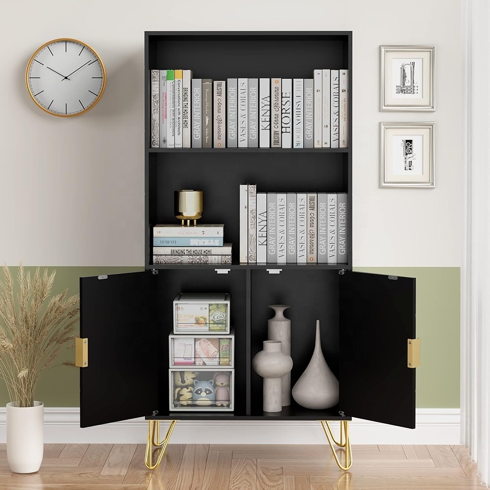 Black Open Shelf Bookcase With Doors Floor Standing Display Cabinet Rack Modern Wooden Bookshelf for Home