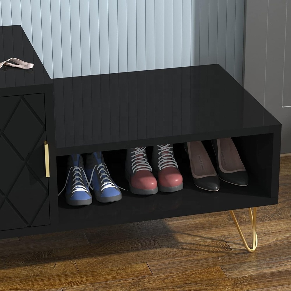 Black Shoe Storage Bench Modern Design Wood Shoe Cabinet Multi-Functional Hallway Entryway Bench