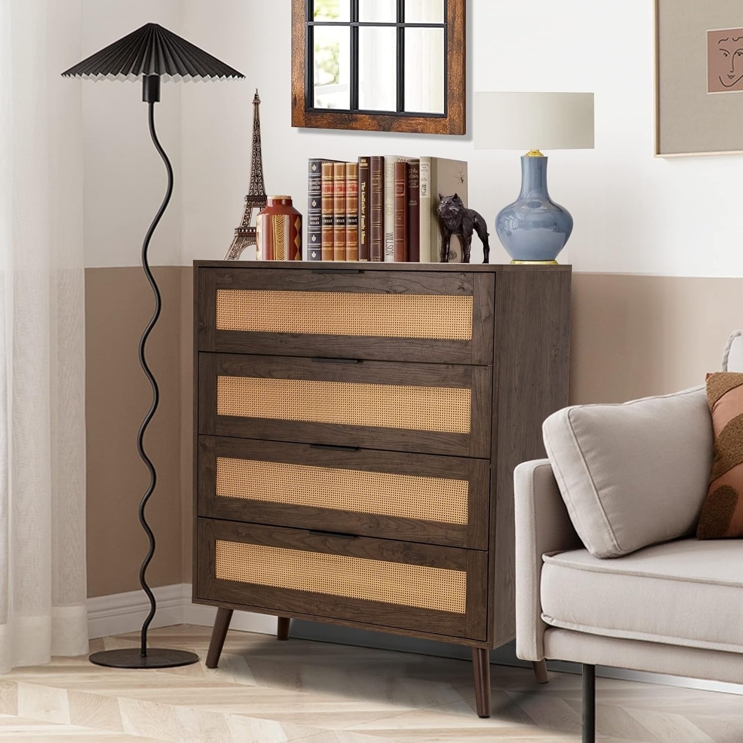 Brown Rattan Dresser For Bedroom Wide Chest of Drawers With 4 Drawers Storage Cabinet Living Room