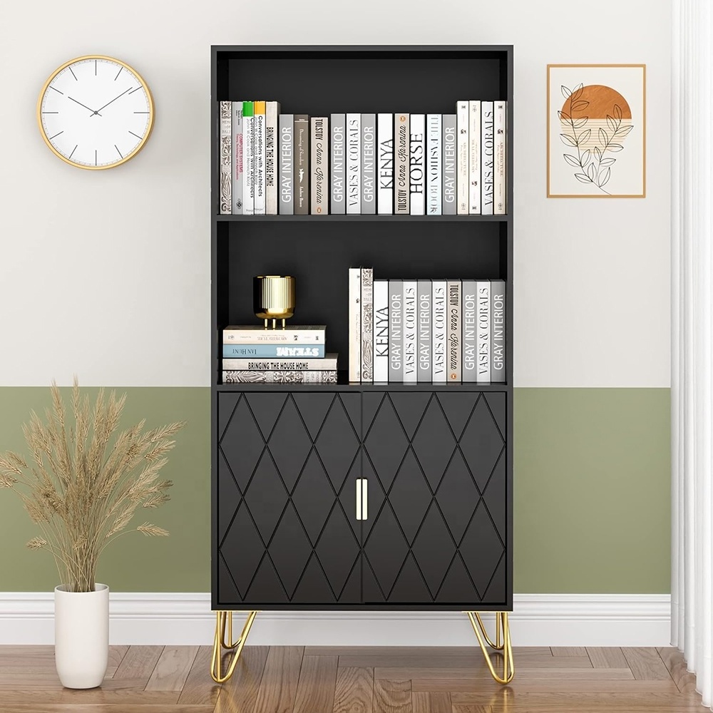 Black Open Shelf Bookcase With Doors Floor Standing Display Cabinet Rack Modern Wooden Bookshelf for Home