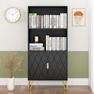 Black Open Shelf Bookcase With Doors Floor Standing Display Cabinet Rack Modern Wooden Bookshelf for Home