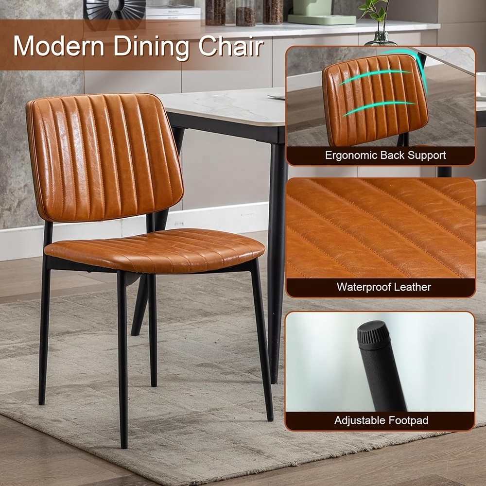 Brown Leather Dining Chairs Set of 2 Armless Kitchen Chairs with Metal Legs Bentwood Backrest Modern Dining Chairs