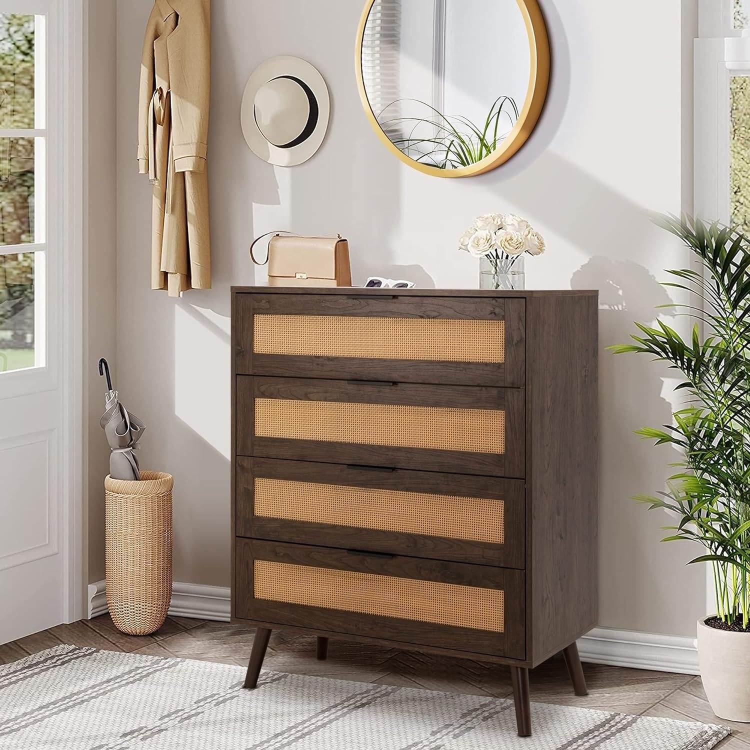 Brown Rattan Dresser For Bedroom Wide Chest of Drawers With 4 Drawers Storage Cabinet Living Room