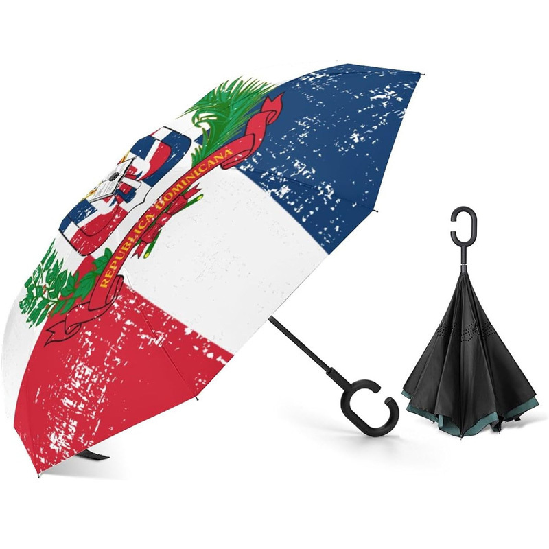 Vintage Model Retro Dominican Republic Flag Wind Resistant Double Layer Compact Reverse Closing Umbrella