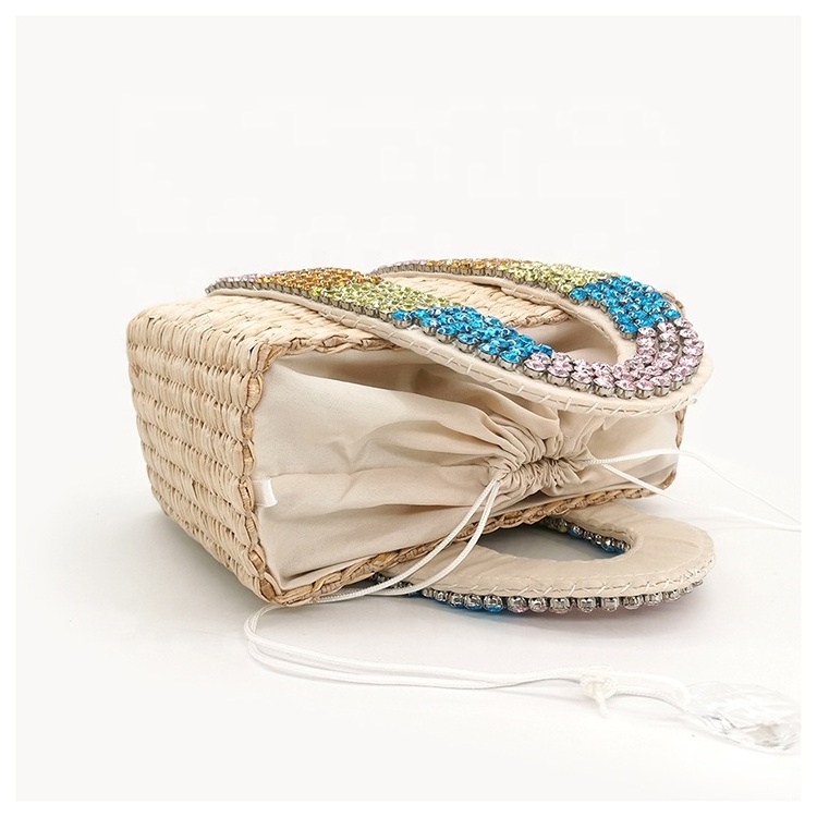 Fashion design lady small handmade straw bag with pearl handle summer tote bag travel shopping handbag corn husk straw bags