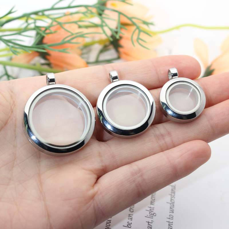 20mm 25mm 30mm Floating Glass Memory Locket Pendant with Twist Top Stainless Steel + Glass Medallion