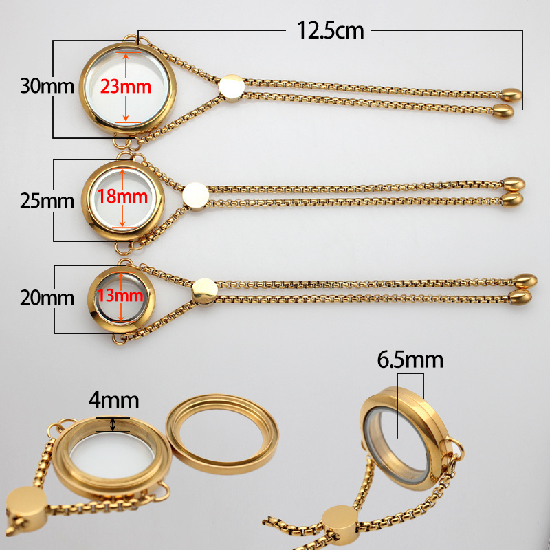 Stainless Steel + Glass Locket Bracelet 20mm 25mm 30mm Gold Color Living Memory Locket Bracelet for Charms Mini Photo