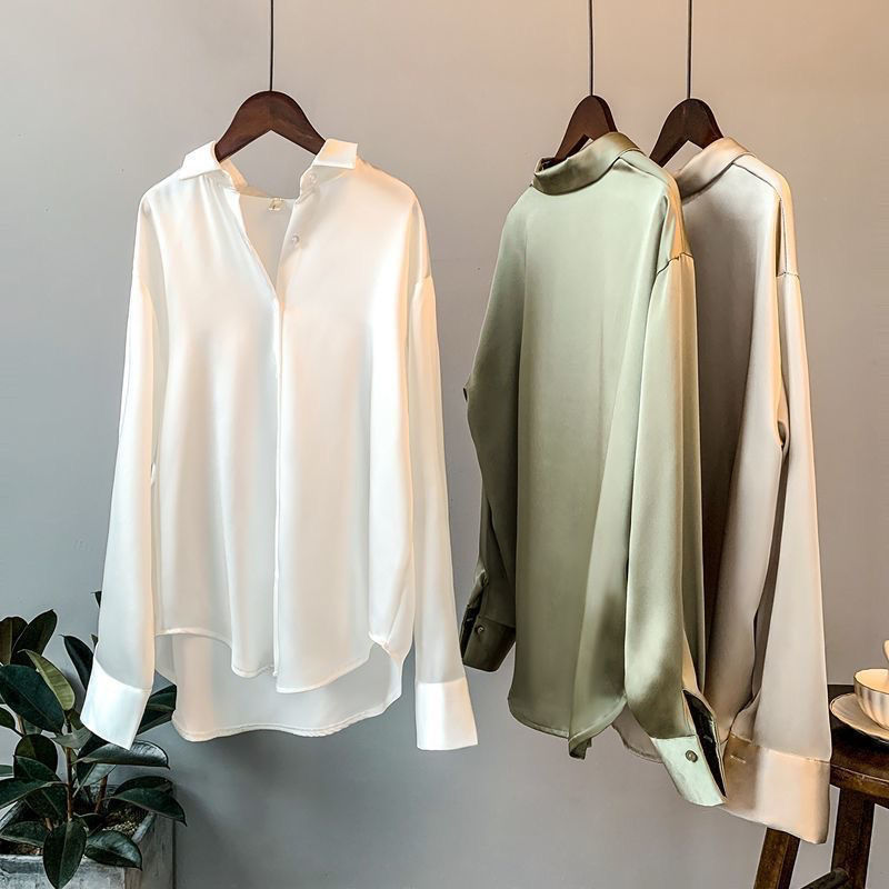 Women Button Up Satin Silk White Shirt Tops Lady Long Sleeve Office V Neck Satin Blouse Vintage Satin Turn-down Collar Blouse