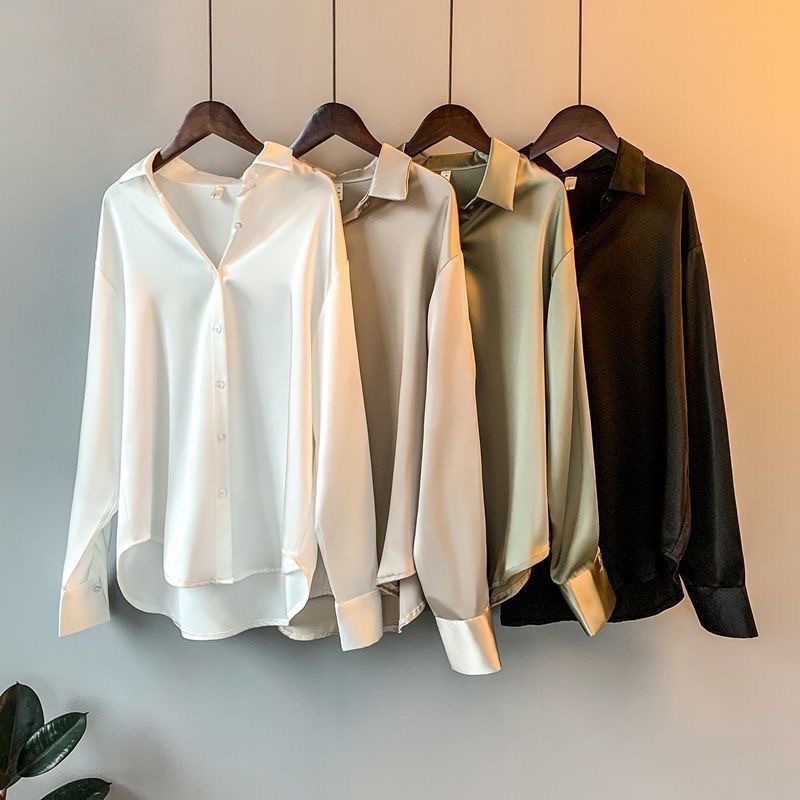 Women Button Up Satin Silk White Shirt Tops Lady Long Sleeve Office V Neck Satin Blouse Vintage Satin Turn-down Collar Blouse