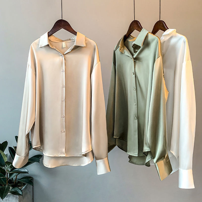 Women Button Up Satin Silk White Shirt Tops Lady Long Sleeve Office V Neck Satin Blouse Vintage Satin Turn-down Collar Blouse