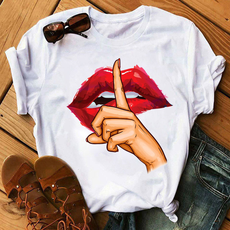 Wholesale bulk T Shirts Women Fashion Sexy Lips Printed Cheap White Graphic Plus size Pattern Soft T-Shirt Women Plain tops tee