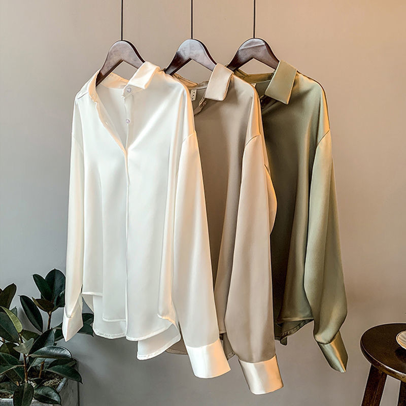 Women Button Up Satin Silk White Shirt Tops Lady Long Sleeve Office V Neck Satin Blouse Vintage Satin Turn-down Collar Blouse